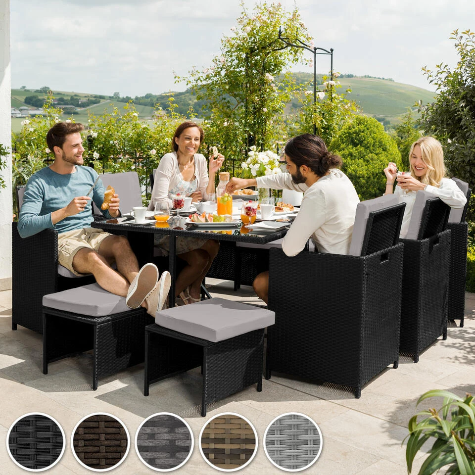 Tectake - Wicker Zitgroep Malaga 6+4+1 Met Regenhoes Zwart / Grijs - Afbeelding 3