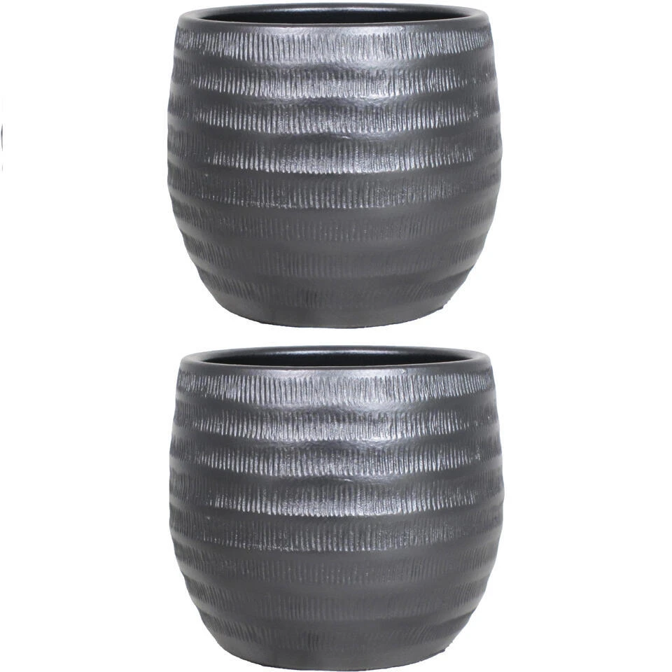 Floran Bloempot - Zwart - Relief - Keramiek - 29 X 26 Cm - Afbeelding 2